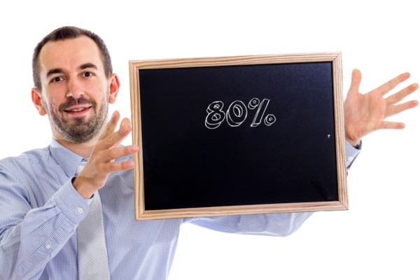 80 percent written on a mini chalkboard held up by a man depicting propane fill rule