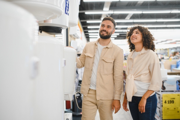 couple looking for a new water heater for home upgrade