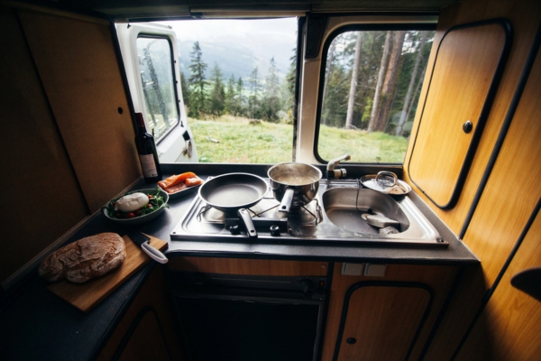 kitchen Interior of an RV with view