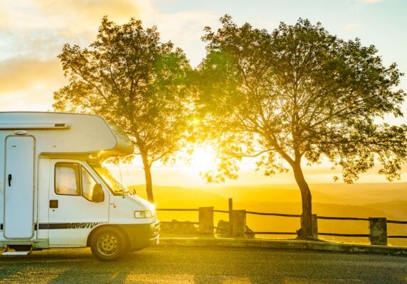 partial view of an RV during morning sunrise